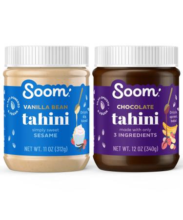 Soom Foods Sweet Tahini Paste Two Flavor Sampler: (1) Chocolate 12oz and (1) Vanilla Bean 11oz | Silky Smooth Texture in Baking, Desserts, and Hummus | Vegan, Nut-Free, Gluten-Free