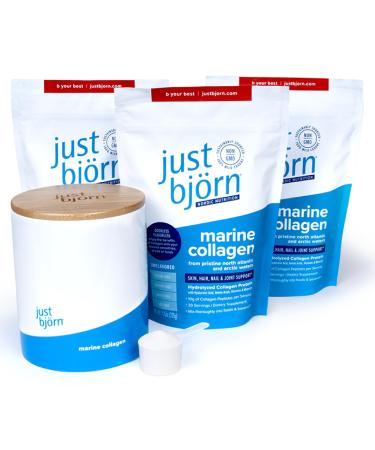 Just Bjorn Marine Collagen Peptides Starter Kit - Collagen Powder for Women & Men - Skin Hair Nail & Joint Support - Hyaluronic Acid Vitamin C Amino Acids - Unflavored (90 Servings)