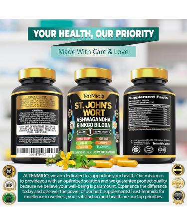 Tenmido St.John's Wort Supplement - 8in1 Formula - Combine with Ashwagandha Ginkgo Biloba Shilajit Valerian Holy Basil Chamomile and Black Pepper - 120 Vegan Capsules for 4 Months Supply - Buy Online on GoSupps.com