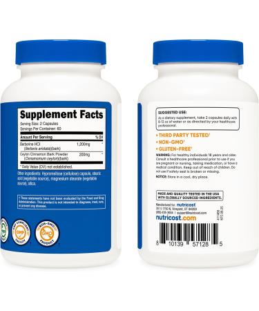 Nutricost Berberine HCl with Ceylon Cinnamon Capsules (120 Capsules 60 Servings) - Non-GMO Animal-Free Product 120 Count (Pack of 1) - Buy Online on GoSupps.com