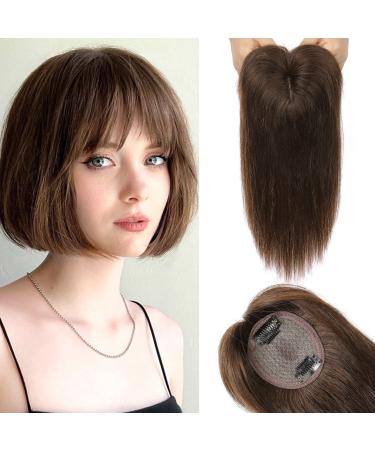 REECHO Hair Toppers for Women 100% Real Human Hair  Upgraded Hair Toppers for Women with Bangs 150% Density Handmade Lace Base Clip In Topper Top Hair Extensions 10 inch 27g - Medium Brown 10 Inch (with Bangs) Medium Bro...