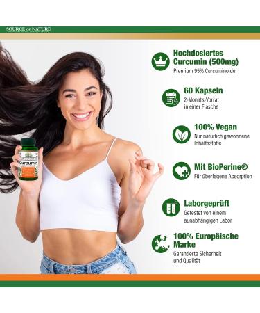 Curcumin 500mg - Source of Nature - 60 Capsules for Inflammation Relief - 95% Pure Curcuminoids with Piperine - EU Made - 2-Month Supply - Dietary Supplements - Buy Online on GoSupps.com