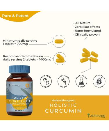 ZEROHARM Holistic Curcumin Supplement 600mg - 120 Veg Tablets | 95% Curcuminoids for Skin Joint Support & Immune Boost | High Absorption Formula - Buy Online on GoSupps.com