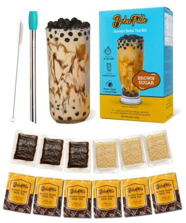 BOBA FIDE Instant Boba Milk Tea Kit - 6 Authentic Bubble Tea Made of Chewy Brown Sugar Boba Tapioca Pearls Honey Boba Pearls & Brown Sugar Milk Tea Powder Mix (6 Pack) Brown Sugar 1 Piece Set