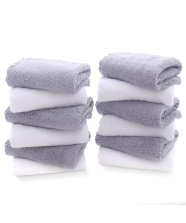 12 Pack Premium Washcloths Set - Quick Drying- Soft Microfiber Coral Velvet Highly Absorbent Wash Clothes - Multipurpose Use as Bath, Spa, Facial, Fingertip Towel (Grey and White)