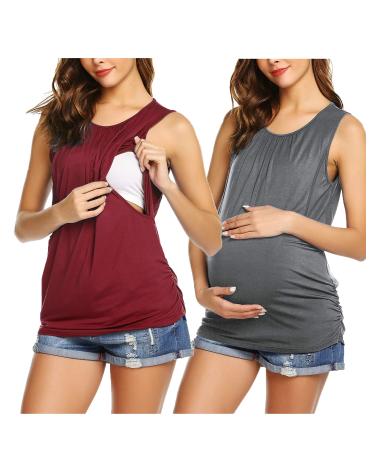 UNibelle Women's Maternity Nursing Top Breastfeeding Tank Top Tee Shirt Double Layer Sleeveless Pregnancy Shirt S-XXL L 2pcs_wine Red+gray - Buy Online on GoSupps.com
