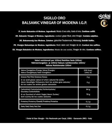I Solai di San Giorgio Balsamic Vinegar of Modena P.G.I. "Modena Gold Seal " High Density Derived from 100% Italian Grapes Ideal for accompanying Salads Roasts Pizza and Fruit Salads 250ml - Buy Online on GoSupps.com