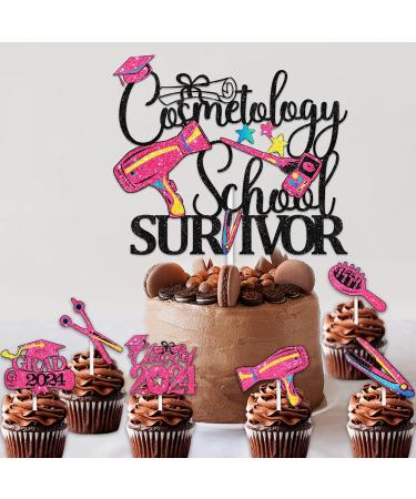 Pink Glitter 1pcs Cake Topper 12pcs Cupcake Topper Pick for Congrats I Survived Cosmetology School Hairstylist Theme Decor Supplies Boys Girls 2024 College Graduation Party Decorations - Buy Online on GoSupps.com