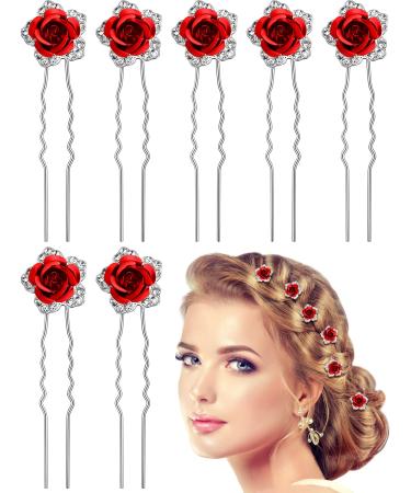 BBTO 12 Pieces Rose Flower Hair Pins Rhinestones Clip for Women Girls Red Hairpin Bridal U Shaped Wedding Accessories Party Halloween Dance Birthday Prom Events