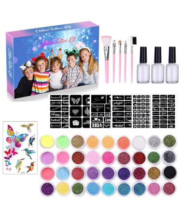 CkFyahp Temporary Glitter Tattoo Kit for Kids with 30 Glitter Colors  6 Fluorescent Colors  119 Unique Stencils  3 Body Glue  5 Brushes  Arts Glitter Make Up Set for Birthdays Party Favor Supplies