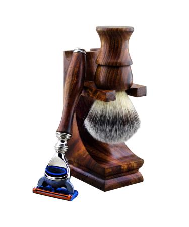 Haryali London 3-piece men's wooden shaving set with 5 razor blades synthetic badger hair brush and wooden stand
