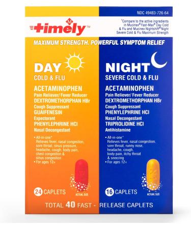 Timely Maximum Strength Day & Night Cold & Flu Relief - Compare to Mucinex Fast Max - 40 Caplets for Fast Acting All-in-One Relief - Buy Online on GoSupps.com