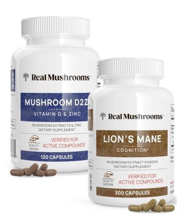 Real Mushrooms Vitamin D2 Zinc Chaga Reishi (120ct) and Lion's Mane (300ct) Bundle - Immunity and Cognitive Support Chelated Zinc for Improved Absorption - Vegan Gluten Free Non-GMO
