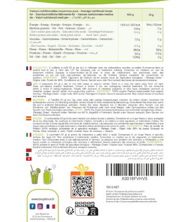 Psyllium Blond Bio - Bioptimal - Teguments de Psyllium en Poudre Fine - Husk Powder - Farine - Digestion Transit Coupe Faim - Origine Inde - Conditionn en France - Certifi Ecocert - 150g 150 g (Lot de 1) - Buy Online on GoSupps.com