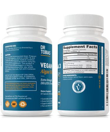Dr. Tobias Vegan Omega 3 Supplement 1400mg Algae Oil 420mg DHA and 210mg EPA per Serving Non-GMO Gluten-Free Carrageenan-Free 60 Capsules 30 Servings 60 Count (Pack of 1) - Buy Online on GoSupps.com