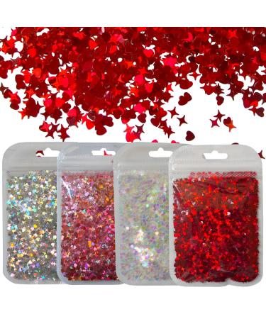 40g Heart Chunky Glitter Flakes Resin Accessories Holographic Red Heart Stars Nail Glitter Sequins Craft Confetti Manicure Tips Sticker Decorations for Resin Art/Acrylic Nails/Makeup/Slime Holographic Heart Star