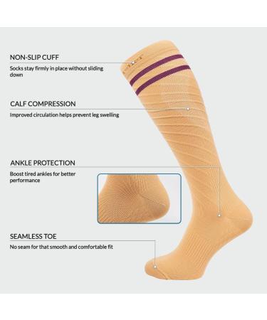 360 RELIEF - Flight Compression Socks Supports | Blood Circulation Travel Work S-M Beige with 2 Plum Purple lines - Buy Online on GoSupps.com
