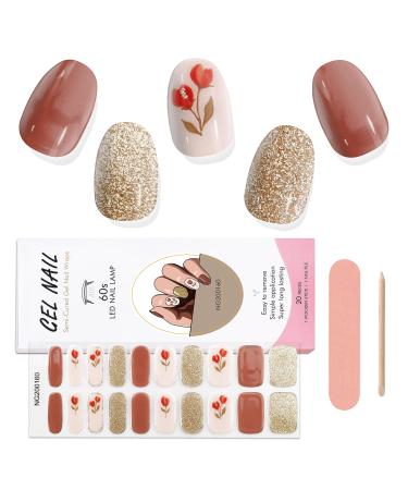 EBANKU 20 PCS Semi Cured Gel Nail Strips Gel Nail Strips Full Wraps Adhesive Gel Nail Stickers with Nail File and Stick(UV/LED Lamp Required)-16 # 16