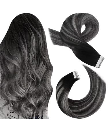 Moresoo Balayage Tape in Hair Extensions Black and Silver Human Hair Extensions Tape in 20 Inch Ombre Tape in Extensions 20 Pieces/50g #1B/Silver/1B 20 Inch #1B/Silver/1B