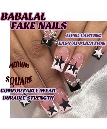 Buy BABALAL French Tip Press on Nails - Medium Square Black Pink 24Pcs 3D Star Charm Acrylic Fake Nails for Women & Girls - Buy Online on GoSupps.com