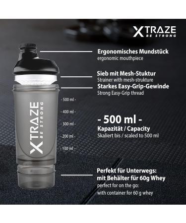 XTRAZE 500ml Protein Shaker | BPA Free Fitness Cup with 150ml Powder Compartment | Leak-Proof Ideal for Smooth Protein Shakes - Black - Buy Online on GoSupps.com