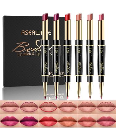 Aseawave Lip Liner and Lipstick Makeup Set  6Pcs 2 in 1 Double Head Lipstick Set Waterproof Long Lasting Matte Lipstick Gift Set for Daily/Travel/Party/Work