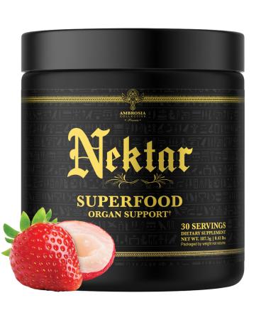 Ambrosia Nektar - Superfood Powder | Daily Organ Support Supplement | Greens Powder Alternative | 13 Superfoods for Energy Digestion Skin Health & Immune Support | 30 Servings | Strawberry Lychee