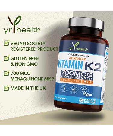 High Strength Vitamin K2 MK7 700mcg - 90 Vegan Capsules - Made in UK by YrHealth - Buy Online on GoSupps.com