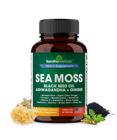 SANDHUHERBALS Sea Moss Capsules with Black Seed Oil Ashwagandha Ginger Burdock Root | Advanced Seamoss 60 Count | All Men Women Age Sea Moss 60 Count (Pack of 1)