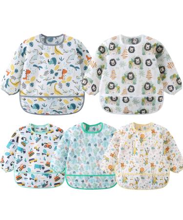 Yealoo 5 Pack Bibs with Sleeves Baby Bibs Waterproof Washable Sleeved Bibs 6-30 Months Excavator/Dino/Lion/Cactus/Concert