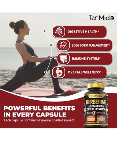 Tenmido Berberine Supplement - 10in1 Formula with Ashwagandha Ceylon Cinnamon Turmeric Panax Ginseng Slippery Elm Fennel Green Tea & More - Immune Digestive Support - 120 Caps - Buy Online on GoSupps.com