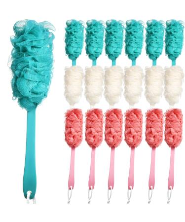 18 Pack Back Scrubber for Shower Loofah on a Stick for Men Women 17 Inch Long Handled Loofah Body Scrubber Shower Pouf Brush for Body Nylon Mesh Bath Sponge for Elderly (Multicolor)