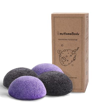 Natural Konjac Facial Sponges - for Gentle Face Cleansing and Exfoliation (2 Violet Lavender, 2 Charcoal Grey) Violet Lavender, Charcoal Grey