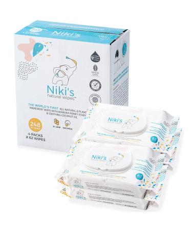 Niki's Natural Baby Wipes | Organic Baby Wipes Sensitive | Made with Manuka Honey and Coconut Oil, Unscented | EWG Verified | 248 Wipes (4 Pack x 62 Count Wipes) Pack of 4 (248 Wipes)