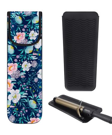 2 Pieces Flat Iron Case Holder Heat Resistant Curling Iron Neoprene Straightener Holder and Silicone Travel Mat for Hair Tools Curling Iron Organizer Bag or Daily Use (Flower Style)