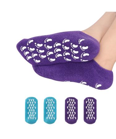 (4PC) Heel Spa Socks Moisturizing Socks  Soft Gel Socks Inner Lining Infused with Essential Oils and Lotions -Best for Rough Calluses Cracked Heel Soften Dry feet/ (Blue & Purple) for Women & Men.