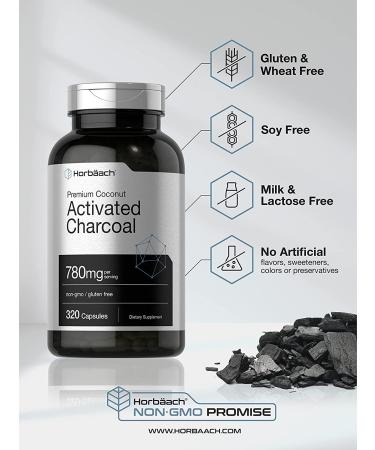 Activated Charcoal Pills 780mg | 320 Capsules | Coconut Shell Charcoal | Non-GMO, Gluten Free | Horbaach - Buy Online on GoSupps.com