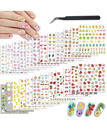 24 Sheets Cute Nail Stickers for Kids Girls and Women Nail Art  Nail Art Stickers Bunny Duck Bow Cake Flower Strawberry Cherry Watermelon Lemon for Nail Art Decoration with Tweezers S009
