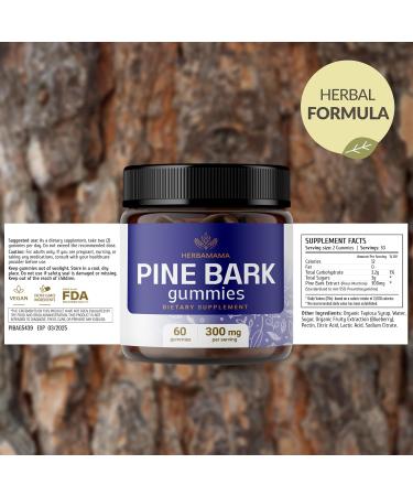 HERBAMAMA Pine Bark Extract Gummies - 300 mg Vegan Antioxidant Support - Non-GMO Blueberry Chews - 60 Count - Buy Online on GoSupps.com
