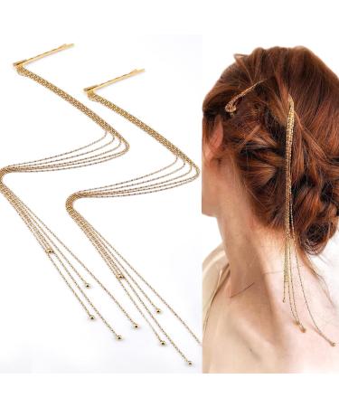 FRDTLUTHW 2Pcs Hair Clips Beaded Hair Chain with Bobbypin Metal Multistrand Extension Hair Accessories for Women/Girls  Gold B.Gold 2