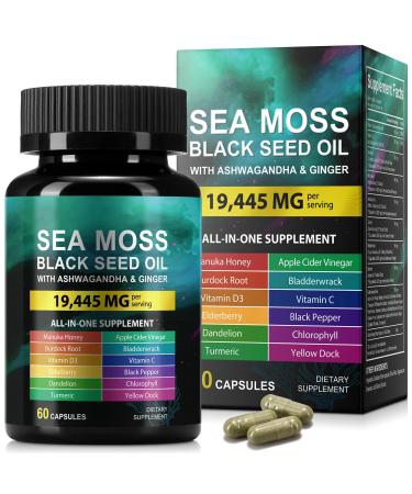 Sea Moss Black Seed Oil Ashwagandha Ginger Sea Moss Capsule Supplement with Turmeric Burdock Root Bladderwrack Vitamin C Vitamin D3 Enhanced Immunity & Energy Black Seed Oil Capsule 60 Count