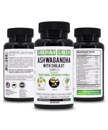 Siberian Green Ashwagandha with Altai Shilajit & Turmeric Ayurvedic Complex 60 Capsules  Traditional Siberian Formula Stress Relief Mood Energy Support Immune System Recovery