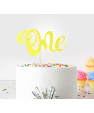 1st First Birthday Cake Topper Decoration ((Yellow) - One - with Double Sided Glitter Stock)