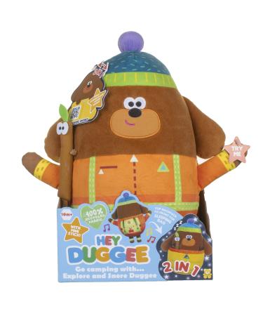 Hey Duggee Sounds & Music - Explore and Snore Camping Duggee with Sticky Stick and Reversible Sleeping Bag Sustainable Recycled Soft Toy. 2 in 1! Includes QR Activities (2174) Orange
