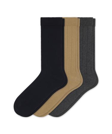 Sugar Free Sox Health & Comfort Mens Diabetic Socks Ribbed Mid-Calf 3 Pairs (10-13  Black/Ch Grey/Khaki)