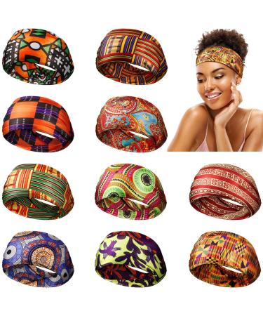 Canlierr 10 Pieces African Headband Boho Print Headband African Turban Wide Elastic Headband Yoga Sports Workout Hairband Stretchy Headwrap for Women Girls Hair Accessories (Chic Patterns)