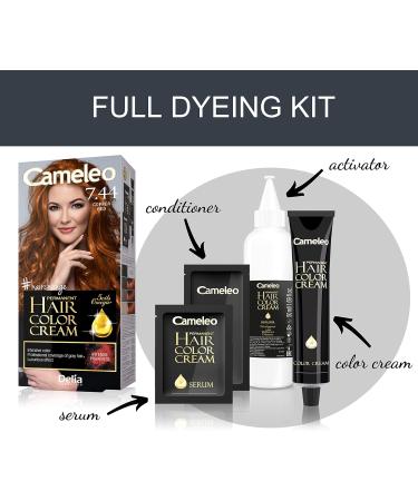 Cameleo - Permanent Hair Colour Cream - Copper Red - Intensive Color & Protection - 5 Oils + Omega Plus Acids - Professional Luxurious Hair Dye - Full Kit 7.44 Copper Red - Buy Online on GoSupps.com