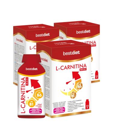 BestDiet - L Carnitin liquid - with vitamin B1 and B6 for men and women allergen -free decreasing strawberry taste vegan pack with 3 packs with 12 sticks monodosis of 10 ml.