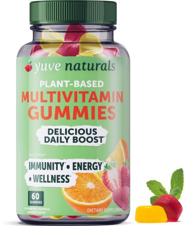 Yuve Vegan Multivitamin Gummies for Men and Women - Daily Energy Strength Immunity - Vitamin A C B3 B6 B12 Biotin & Zinc - Delicious Chewable Supplement - Non-GMO Gluten & Gelatin-Free - 60ct Strawberry Pinapple Orange