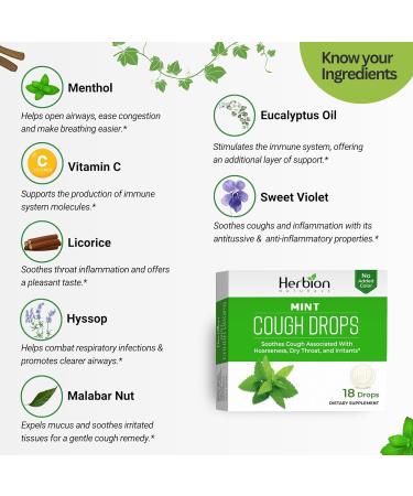 Herbion Naturals Cough Drops - Natural Mint Flavor - Soothes Sore Throat & Dry Mouth - 6 Packs (108 Lozenges) for Adults & Kids 6+ - International Shipping Available - Buy Online on GoSupps.com